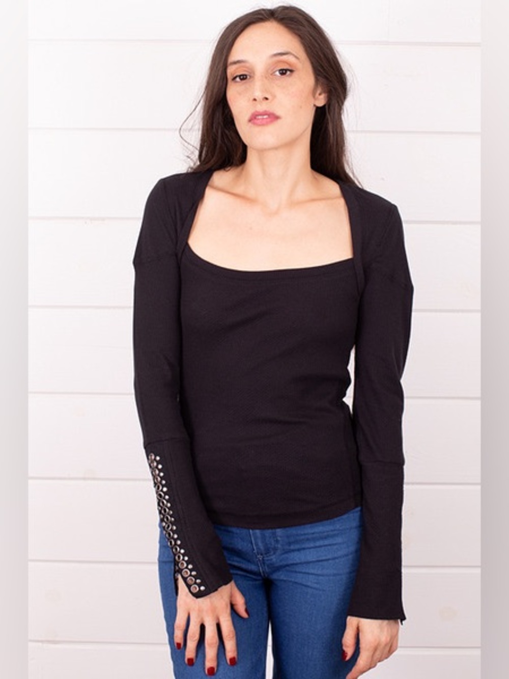 Free People A Little Unruly Black Waffle Stud Long Sleeve Ribbed Top Shirt L - Picture 9 of 15